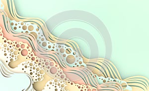 Abstract paper art sea or ocean water waves. Summer background in pastel colors. Paper sea waves with lines and bubbles. Paper cut