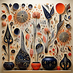 Abstract Paper Cut Art Gallery: Decorative Vessels In Dark Blue And Orange