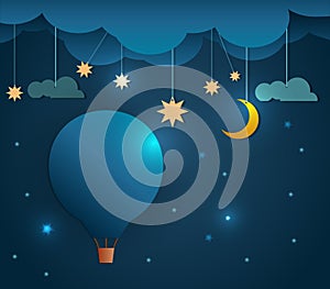 Abstract paper cut-Hot air balloon and moon with stars-cloud and sky at night .Blank space for your design