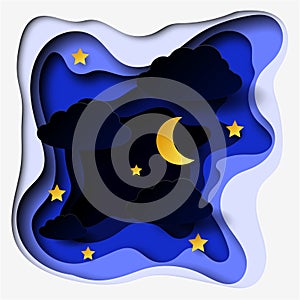 Abstract paper cut illlustration of clouds, moon and stars in the night. Vector colorful template in carving art style