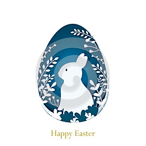 abstract paper cut illustration of easter rabbit, grass, flowers and blue egg shape. Happy easter greeting card template