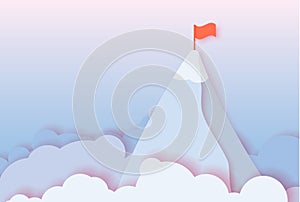 Abstract paper cut illustration of morning blue and pink sky, clouds and mountain with flag. Goal and lidership concept.