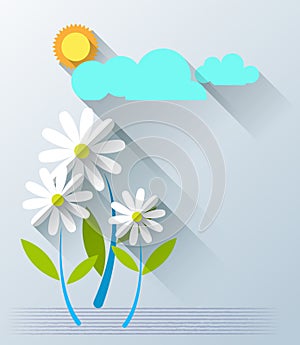 Abstract paper flowers with sunshine and cloud