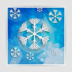 abstract paper snowflakes on blue geometric background with triangular polygons