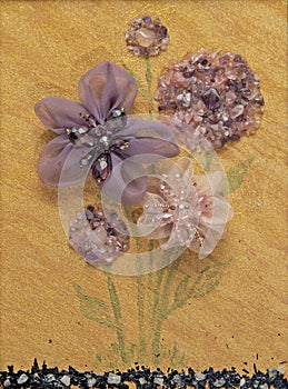Abstract paper spring flowers and crystals handmade card