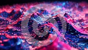 Abstract Particle Data Landscape Background with Flowing Binary Codes Rivers. High Speed Digital Data Transfer