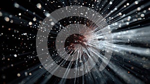 Abstract particle explosion creating light rays in dark space