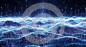 Abstract particle wave surface displaying digital big data flow visualization