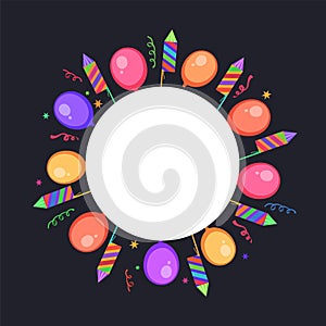Abstract party background with colorful balloons and fire crackers. photo