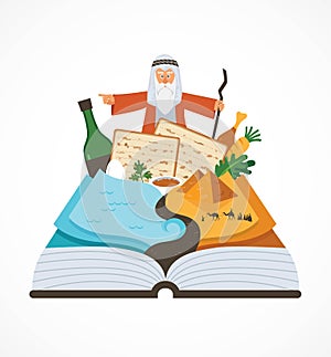 Abstract passover story haggadah book over traditional food and Mozes