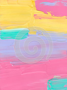 Abstract pastel colorful background. Bright pink, yellow, purple, green artistic backdrop. Textured brush strokes on paper