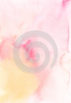 Abstract pastel pink-yellow watercolor background texture, hand painted. Artistic light fuchsia and peach color backdrop, stains