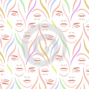 Abstract pastel seamless pattern with womans faces