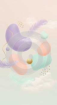 Abstract pastel shapes with feathers and clouds in soft dreamy composition