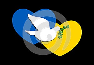 Abstract patriotic Ukrainian flag in the shape of a two hearts with the dove of peace. White dove flying and hold a