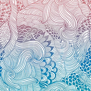 Abstract pattern background with waves ornament. Hand draw illustration, coloring book zentangle. Algae sea motif