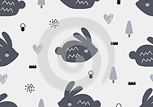 Abstract pattern with cartoon rabbit, woodland animal hare background