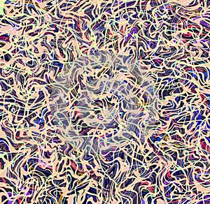Abstract pattern of chaotic irregular intertwined threads, ropes, twines, fibers of tangled mesh Peach, red, blue colors photo