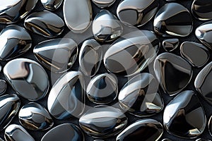 Abstract pattern of chrome stones on dark surface reflecting light.