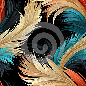 Abstract pattern of colorful feathers on black background (tiled)