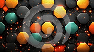Abstract Pattern of Colorful Hexagons with Glowing Elements on Dark Background