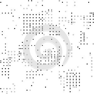 Abstract pattern constructed from various geometric points: circles, squares, diamonds and dots. The elements are distributed in a