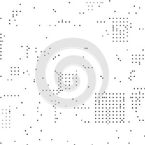 Abstract pattern constructed from various geometric points: circles, squares, diamonds and dots. The elements are distributed in a