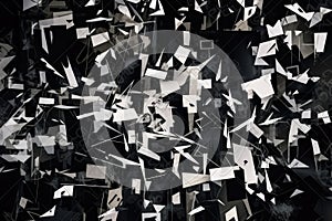abstract pattern of deconstructed and fragmented shapes in black and white