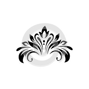 Abstract pattern, decorative element, clip art with stylized leaves, flowers and curls in black lines. Central ornament