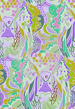 Abstract pattern with elements of feathers of birds and fish