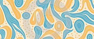 abstract pattern featuring flowing shapes, circles, and stars in shades of light blue and light orange on a light beige background photo