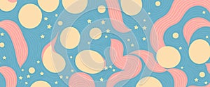 abstract pattern featuring flowing shapes, circles, and stars in shades of light pink and light yellow on a light blue background photo