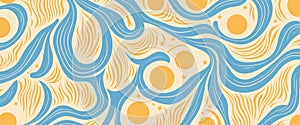 abstract pattern featuring flowing shapes, swirling lines, circles, and stars in shades of light blue and light orange on a light photo