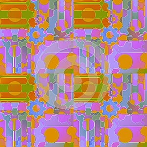 Abstract pattern with gear wheals and circles violet orange purple green ocher