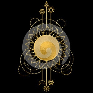 Abstract pattern with gold sun, moon, star and geometric elements on black background