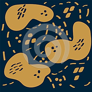 Abstract Pattern with golden dots and blots. Textile background with gold dots lines in doodle style. Hand-drawn fictional