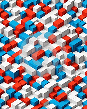 Abstract Pattern of Interlocking Red, Blue, and White Cubes