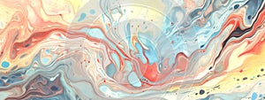 Abstract pattern in light blue, yellow and red colors. Fluid art, liquid acrylic painting. Design in the interior