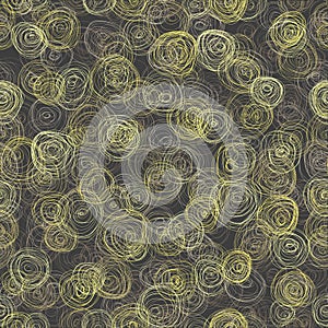 Abstract pattern of light yellow circles drawn with a thin swirling line on a gray background. Nice print for clothes