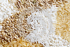 Abstract pattern made of white, brown and parboiled rice from ab