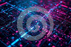 Abstract Technological Pattern with Neon Lines on Dark Background