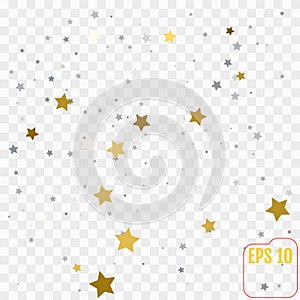 Abstract pattern of random falling golden and silver stars on white background. Elegant pattern for banner, greeting card, Christ