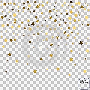Abstract pattern of random falling golden stars on transparent b