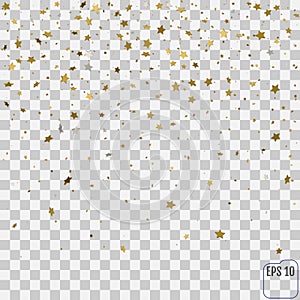 Abstract pattern of random falling golden stars on transparent b