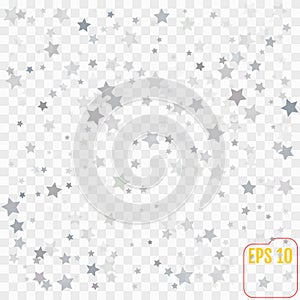 Abstract pattern of random falling silver stars on transparent