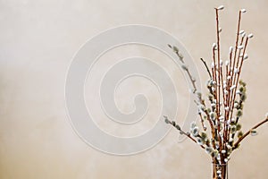 Abstract pattern, red-brown horizontal lineswillow branch in a vase on a background of a wall with patterns