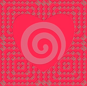 Abstract pattern. Red heart in middle geometric ornament. Embossing effect. Vector.