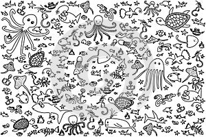 Abstract pattern of sea creatures hand drawn in black, isolated on background