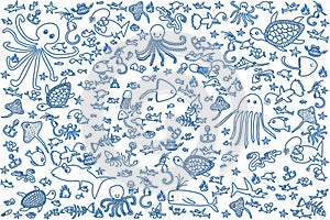 Abstract pattern of sea creatures hand drawn in blue, isolated on background