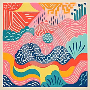 Colorful Abstract Waves: A Woodcut-inspired Tile Design photo